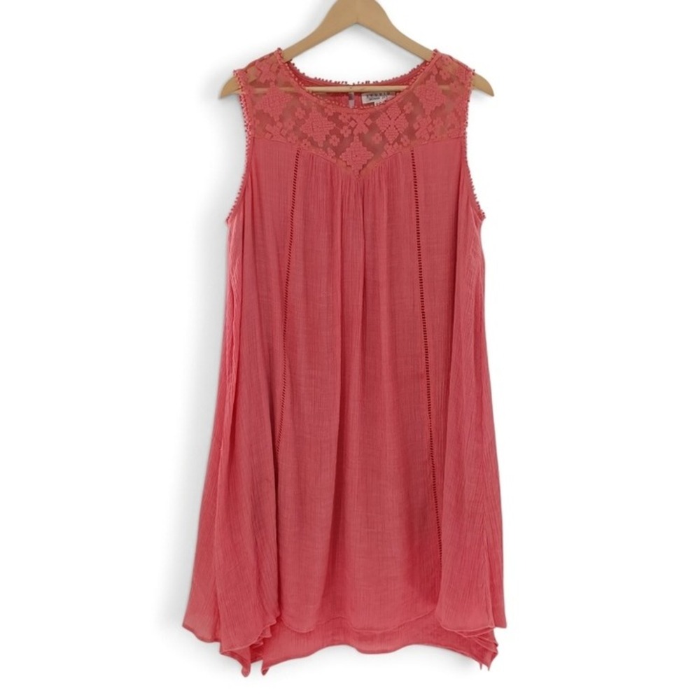 Studio Woman JPR Shift Dress 1X Coral Pink Lace Yoke Sleeveless Cottagecore Boho
